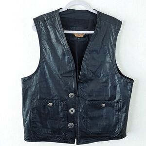 Harley‎ Davidson Men’s Y2K Black Genuine Leather Silver Button Down Vest Large